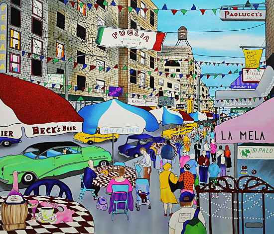 リネア・パーゴラの絵画作品　タイトルは、Afternoon in Little Italy